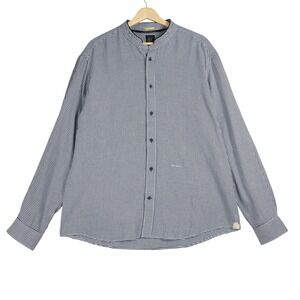 Rare Rabbit Houndstooth Mandarin Collar Cotton Button Down Shirt Navy White XL
